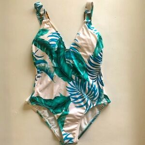 Apt 9 V-Neck One Piece White Swimsuit w/ Blue & Green Leaves Women Size Medium